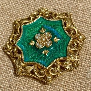 Vintage Signed FLORENZA Gold and Green Brooch with Pearl Accents